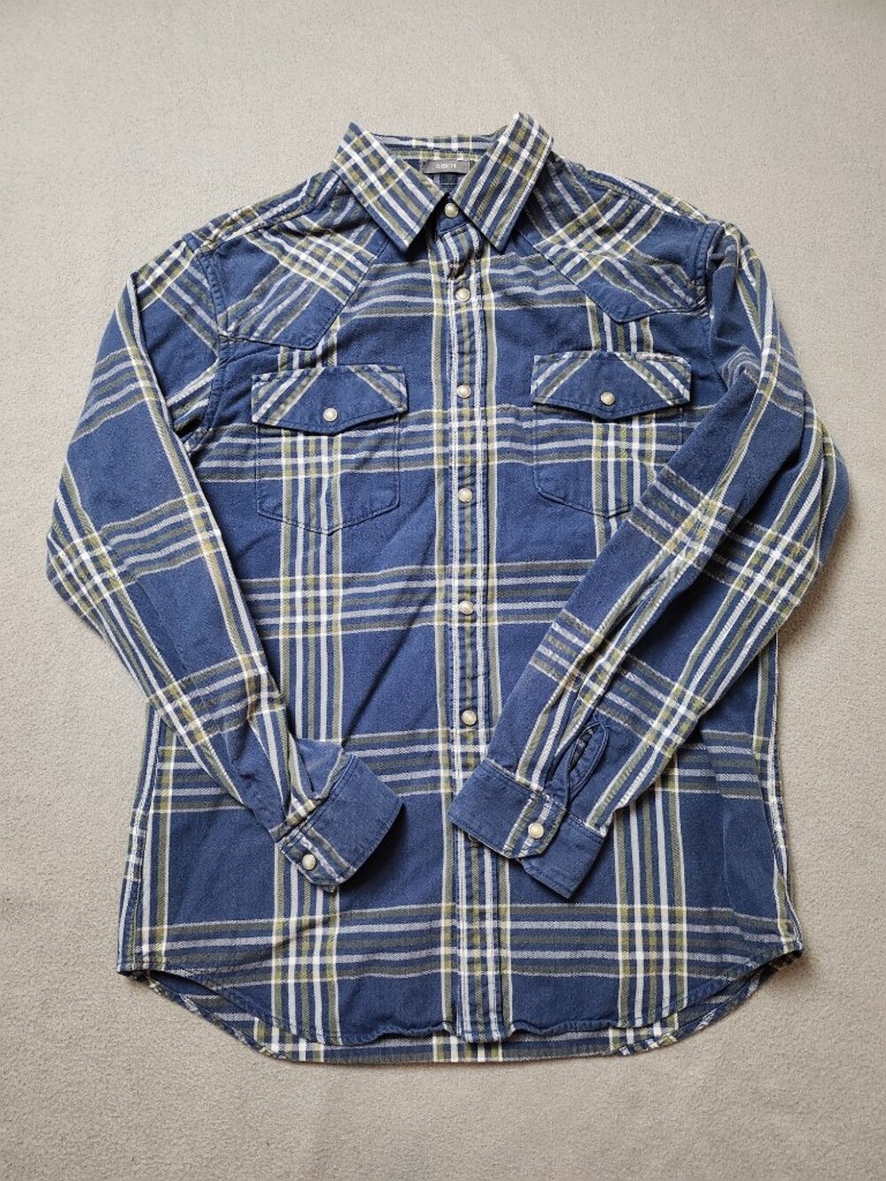Eddie Bauer Western Snap Shirt Mens M Classic Fit Navy Blue Plaid Cotton